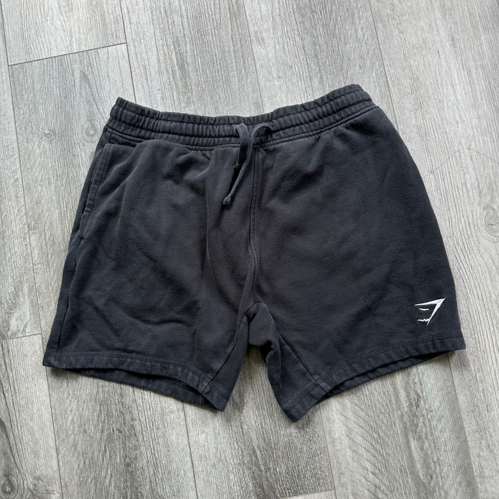 Gymshark Black cotton Crest Fleece Sweat Shorts Size M White Logo Drawstring